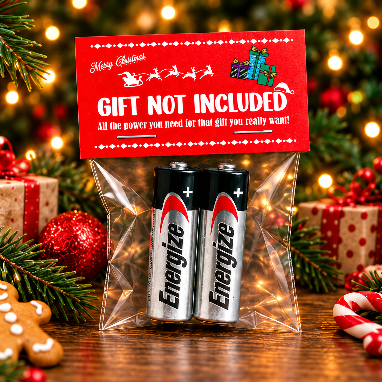 Gift Not Included Christmas battery gift — styled product mockup